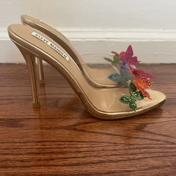 Steve Madden Gold Clear Mule Heels with Multicolor Butterfly Accents - Picture 2 of 3